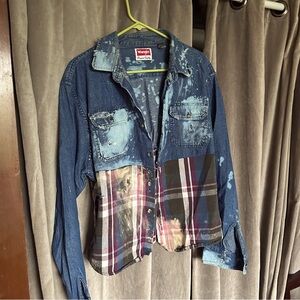 Upcycled shabby chic Wrangler denim and flannel shirt.